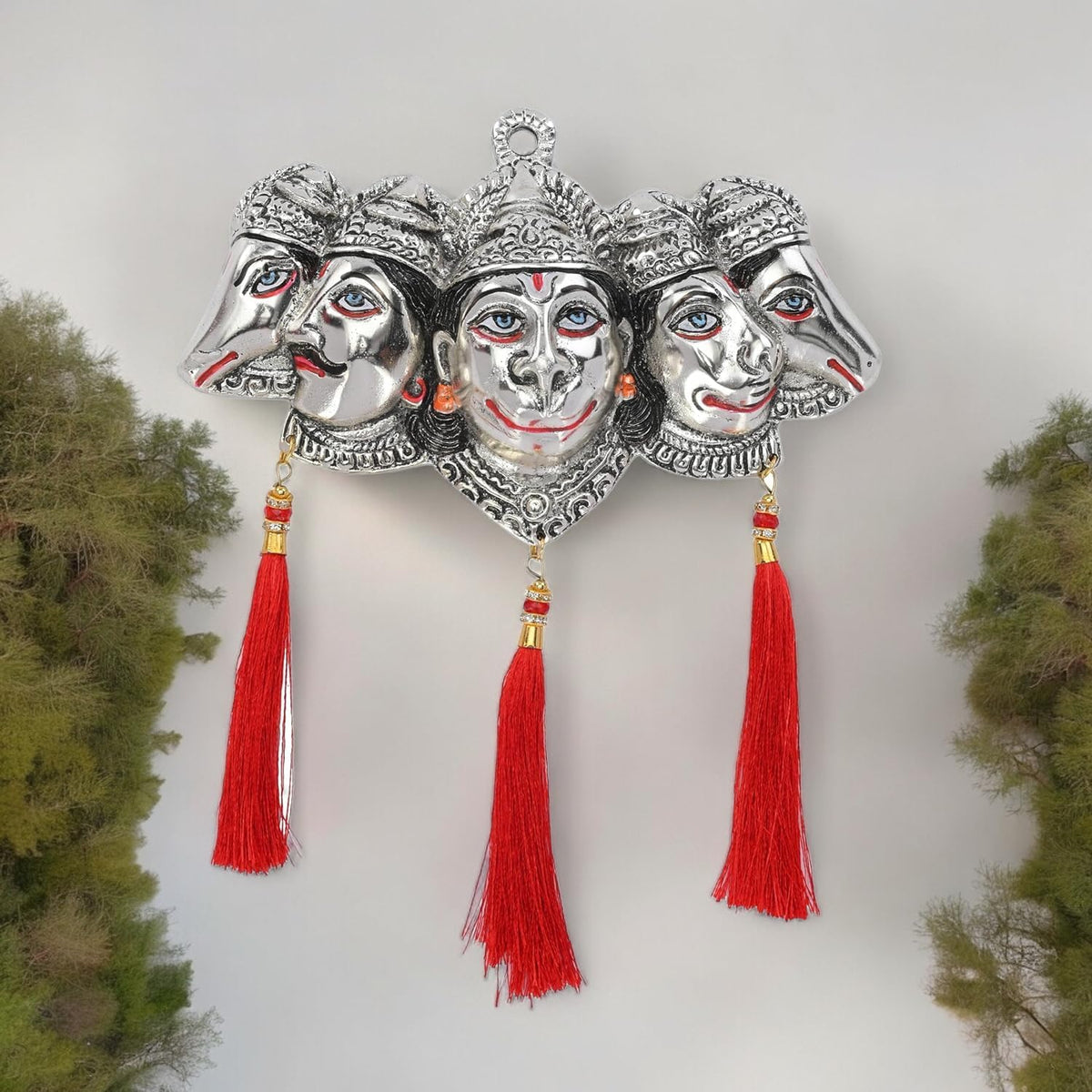 KridayKraft Metal Panchmukhi Hanuman Ji Murti for Door Entrance Statue Wall Hanging Showpiece with Silk Latakan in Gold Finish (Silver)