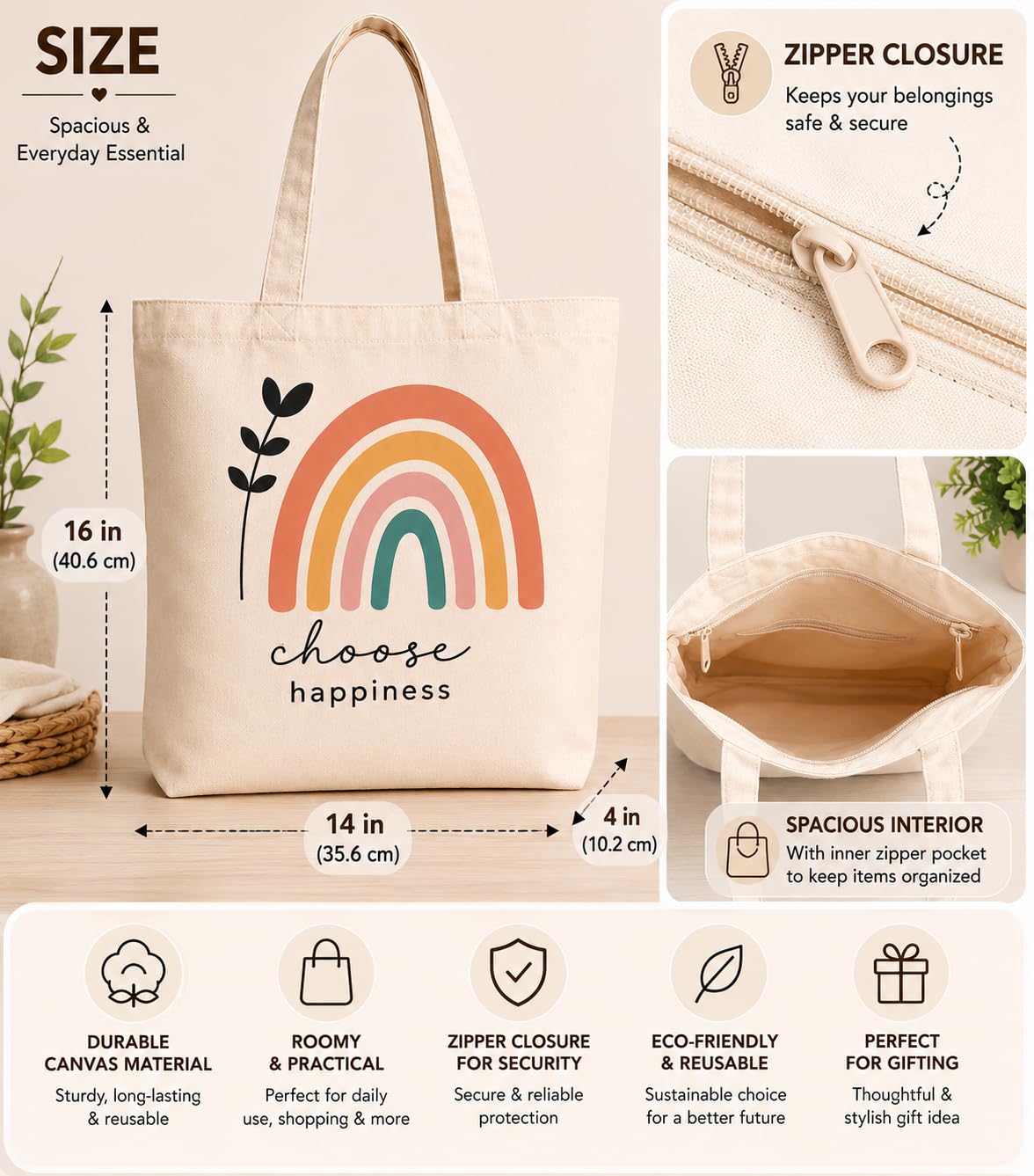 Supadaa Large Canvas Tote Bag For Women With Zipper Premium Cotton Shoulder Handbag Reusable Shopping Office College Travel Beach Grocery Bag (Rainbow)