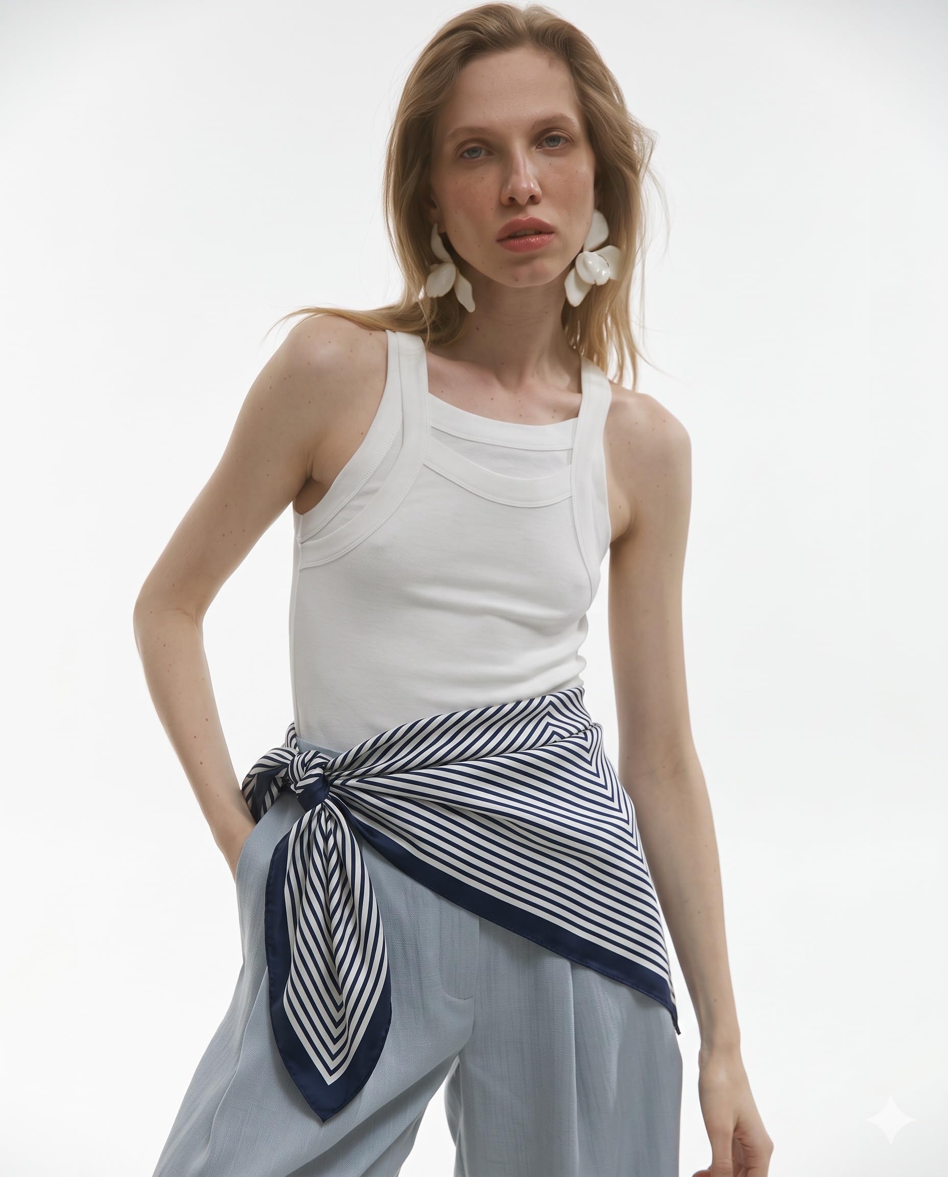 Grey Exim Women’s Polyester Crepe Scarf, Navy Blue & White Striped Print, Lightweight Fashion Scarf