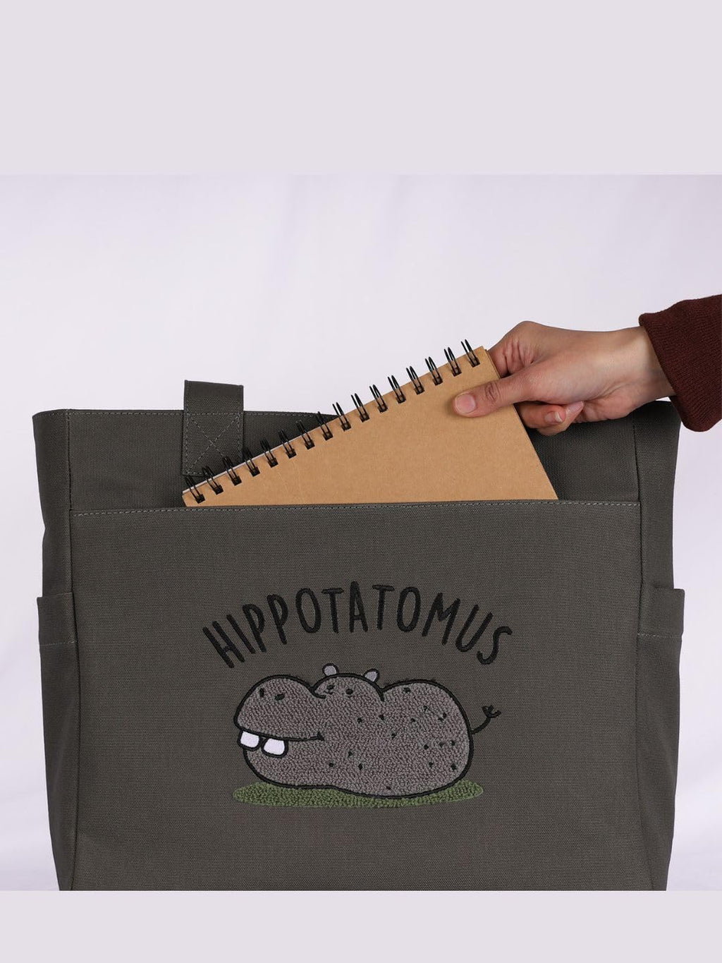 TSANTA U Shaped Canvas Tote Bag, 35.56x33.02 cm with 10.8 cm Gusset, Cotton, Zipper Closure, Laptop Compartment (Hippo)