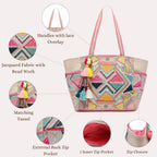 Anekaant Kooky Boho Geometric Embellished Handloom Cotton Jacquard Tote Bag for Women – Handmade Designer Ethnic Bohemian Large Casual Carry Bag