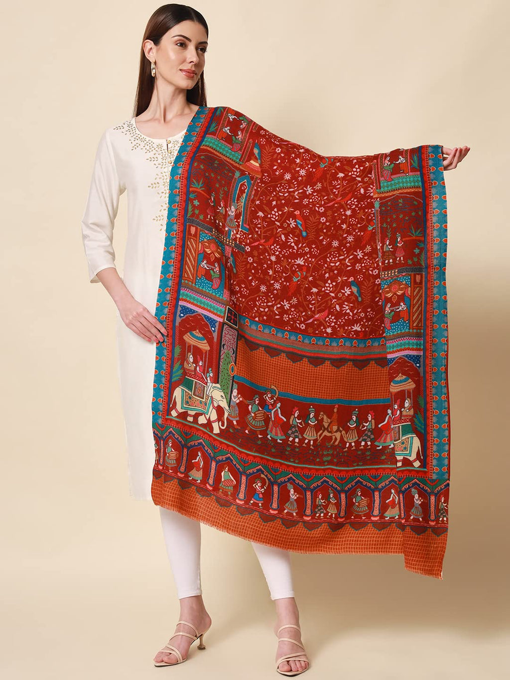 Pashmoda Women Shahnaz Pure Wool Printed Shawl (Size 101X203 CM)
