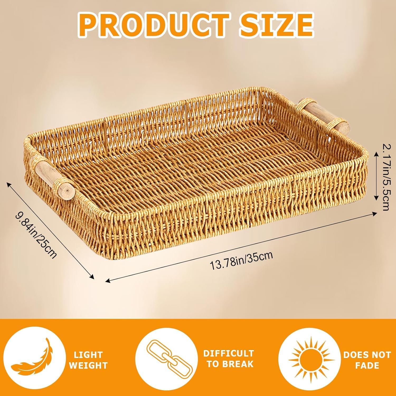 NDOLA Decorative Wicker Serving Tray with Wooden Handles | Large Rectangle Rattan Tray for Ottoman, Coffee Table, Kitchen, Dining, Home Decor, Fruit Basket & Breakfast Serving