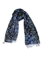 Women's Pure MalMal Cotton Scarf, Navy Blue Floral Paisley Print with White Fringe Tassels