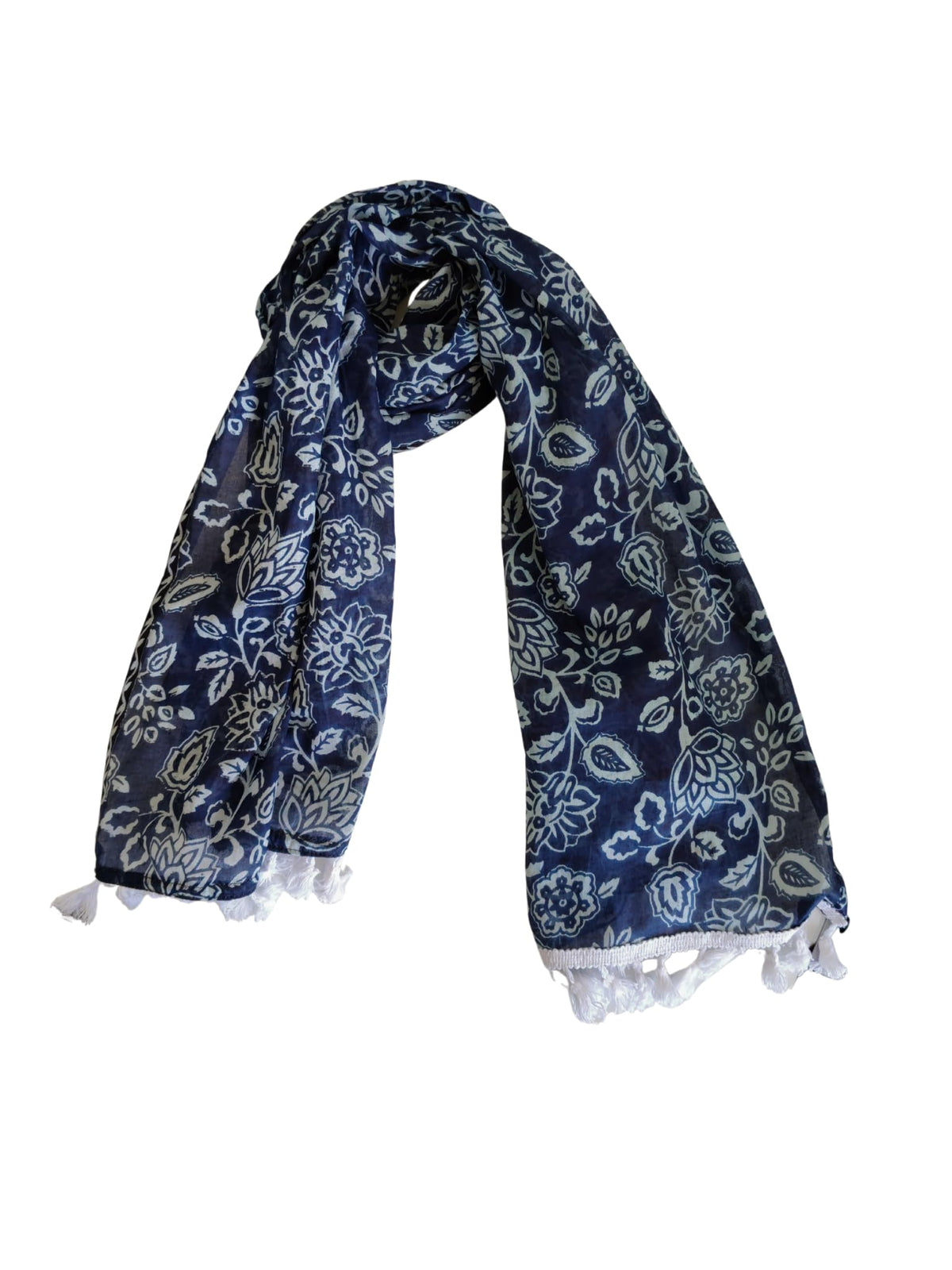 Women's Pure MalMal Cotton Scarf, Navy Blue Floral Paisley Print with White Fringe Tassels