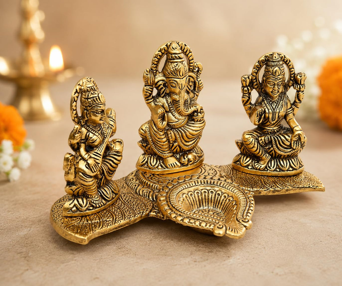 KridayKraft Laxmi Ganesh Saraswati Idol Decorative Platter with Diya and Agarbatti Stand – Perfect Diwali Gift for Pooja, Home Décor, and Festive Celebrations