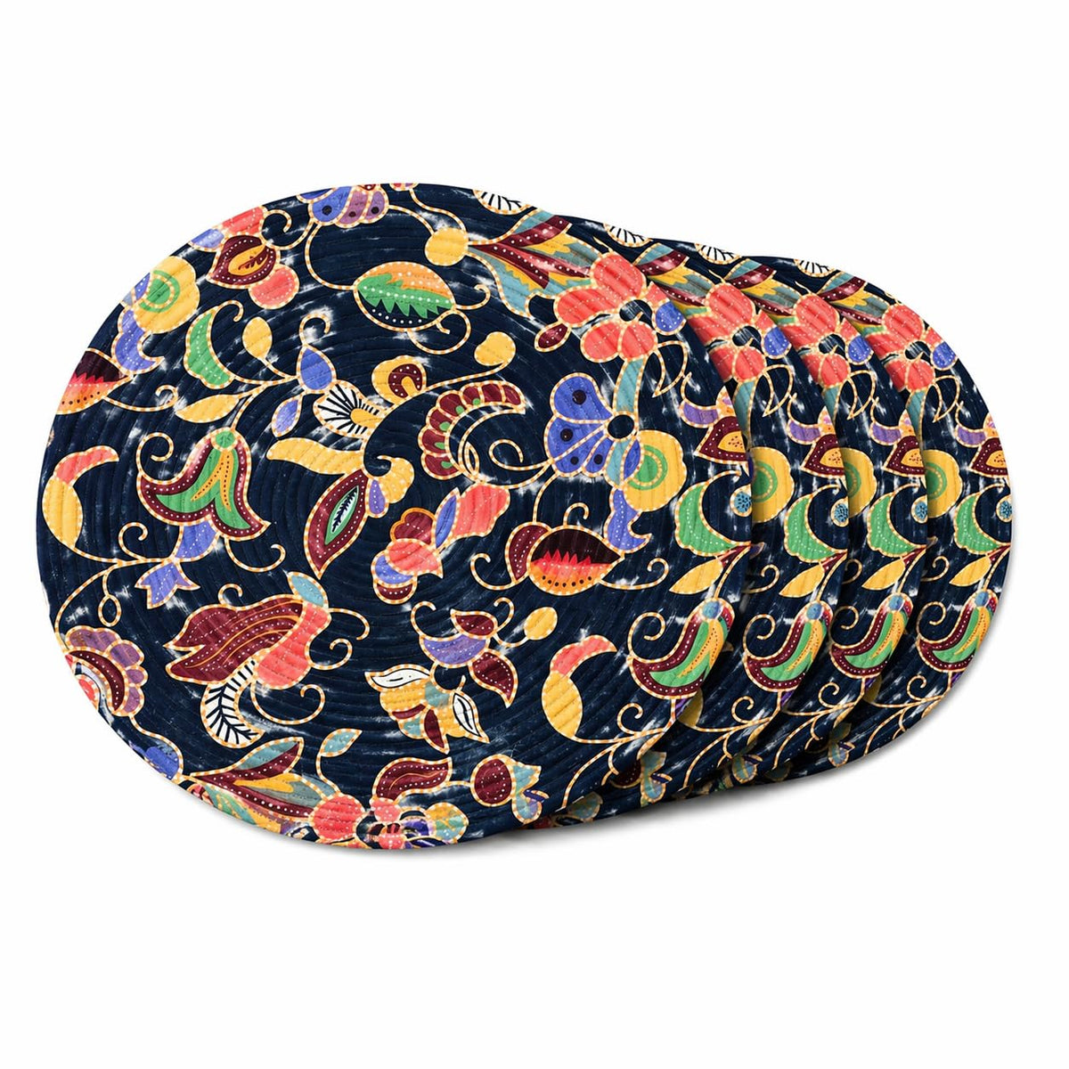 Premium Round Cotton Dining Table Mats Set of 4 | Washable Heat Resistant Food Mat | Circular Dining Table Hot Plate Mats & Coaster for Hot Utensil (14-inch, Printed Floral/Blue) Kafalo
