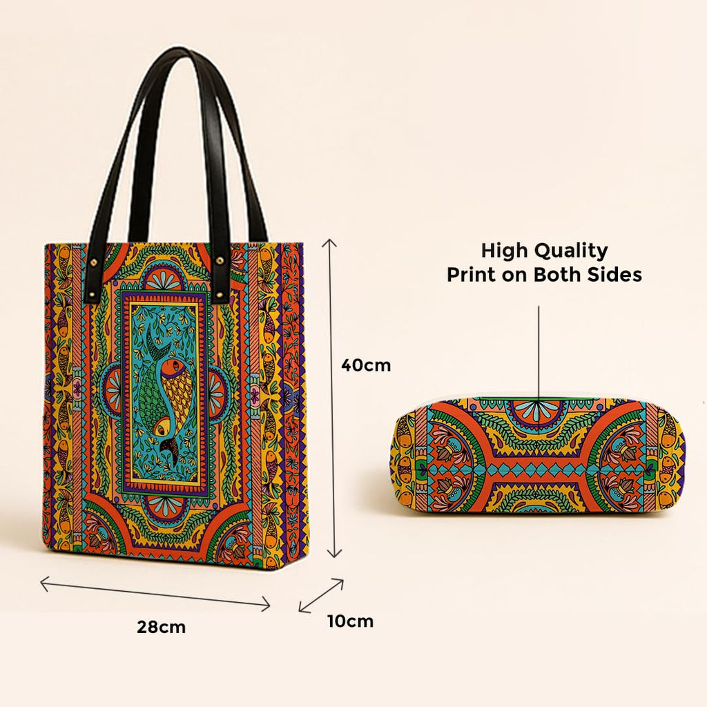 Kalankit Classic Tote Bag For Women | Canvas Printed Totes For Women | Aesthetic Shoulder College Bag For Girls | Vegan Leather Lightweight Everyday Bag | Gift for Woman | Multicolour Mandala