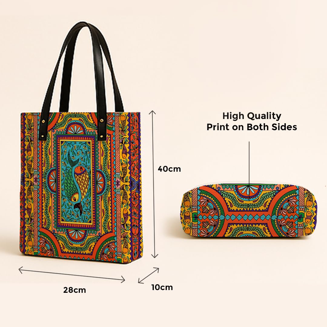 Kalankit Classic Tote Bag For Women | Canvas Printed Totes For Women | Aesthetic Shoulder College Bag For Girls | Vegan Leather Lightweight Everyday Bag | Gift for Woman | Multicolour Mandala