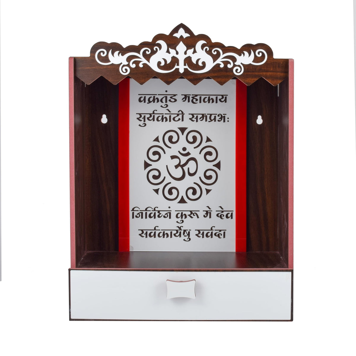 YIXT Premium Carved Wooden Pooja Mandir with Gopuram & Drawer for Home & Office | Temple with Top Dome & LED Light | MDF Material