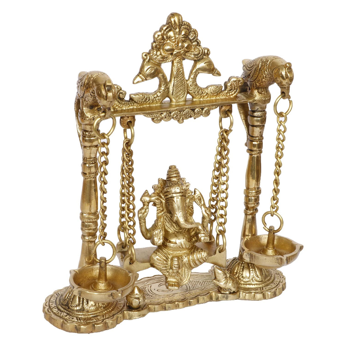 ARTVARKO Brass Ganesh Jhula with Diya Hanging Ganesha Swing Statue Ganpati Jhoola Kirtimukha Idol Murti for Home Décor Office Mandir Gift 9 Inch