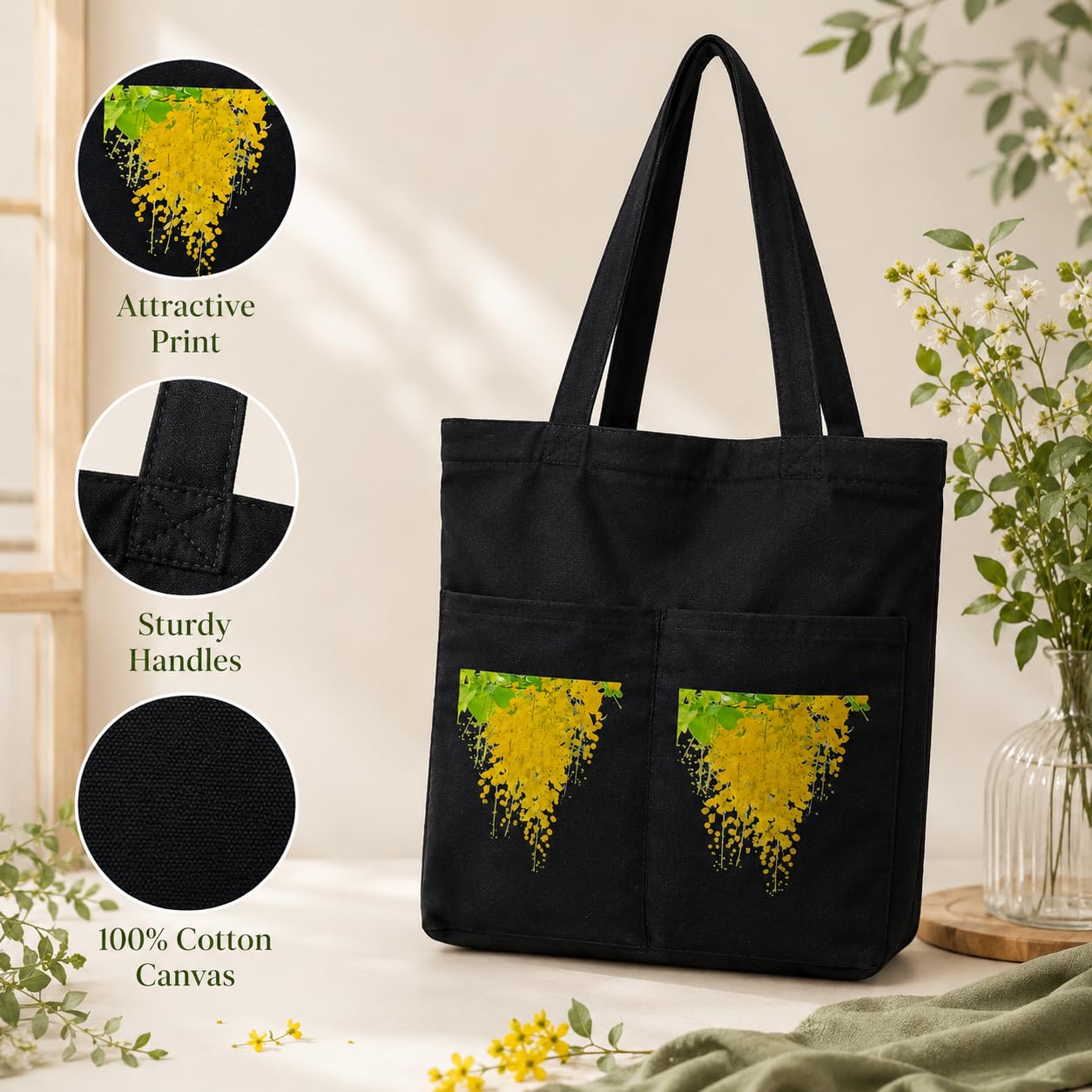 Suryatra Amaltas Blossom Noir Canvas Tote Bag for Women & Men | Premium Cotton Canvas Shoulder Bag with Dual Front Pockets | Tote Bag for Office, College, Shopping & Travel | Black | 14 x 16 Inches