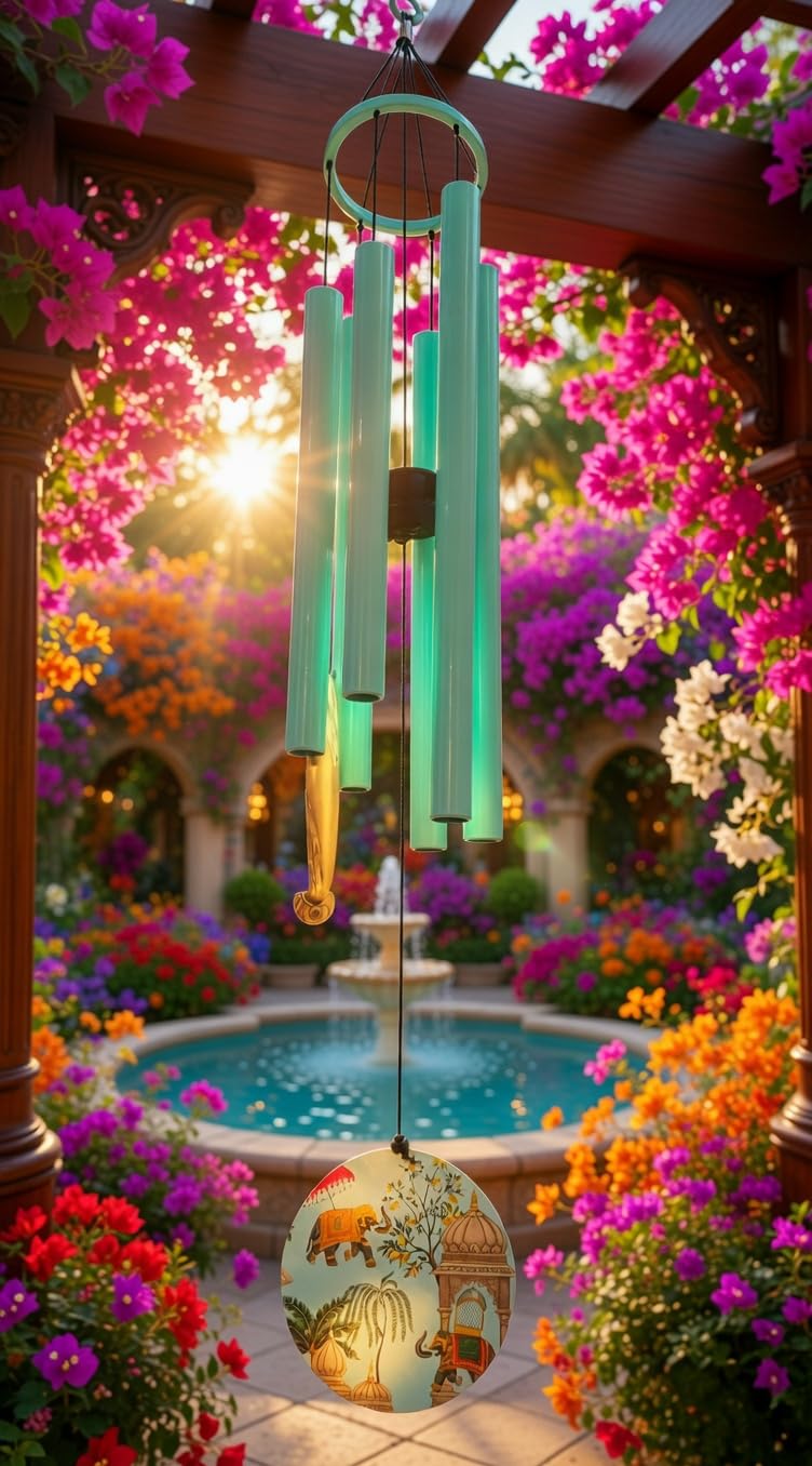 Paradigm Pictures Big Madhubani Wind Chimes for Home Balcony Positive Energy- Positive Energy Items (6 Pipe Wind Chime) (Floral)