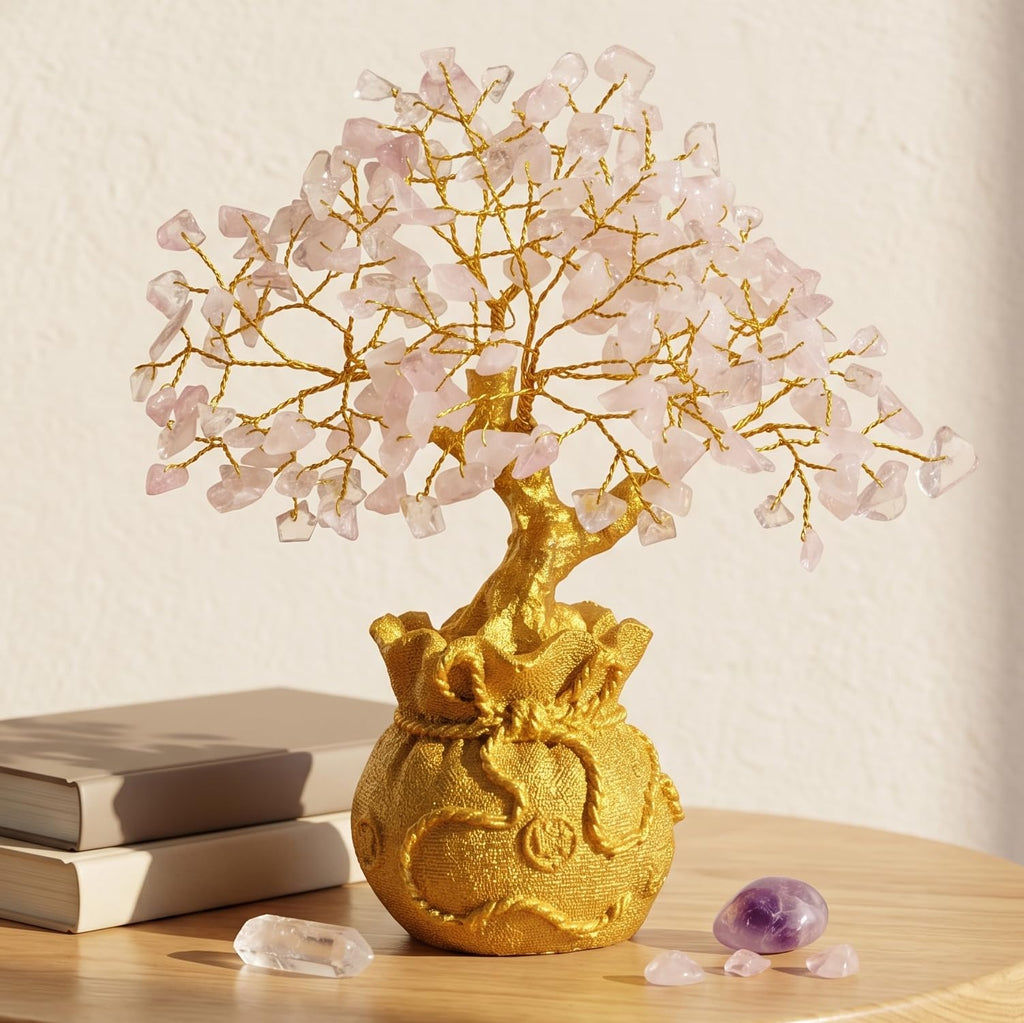 Fourteen Crystals Rose Quartz Crystal Bonsai Tree with Golden Pot | Handmade Feng Shui Tree for Love, Harmony & Healing | Home Showpiece Good Luck Gift