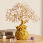 Fourteen Crystals Rose Quartz Crystal Bonsai Tree with Golden Pot | Handmade Feng Shui Tree for Love, Harmony & Healing | Home Showpiece Good Luck Gift
