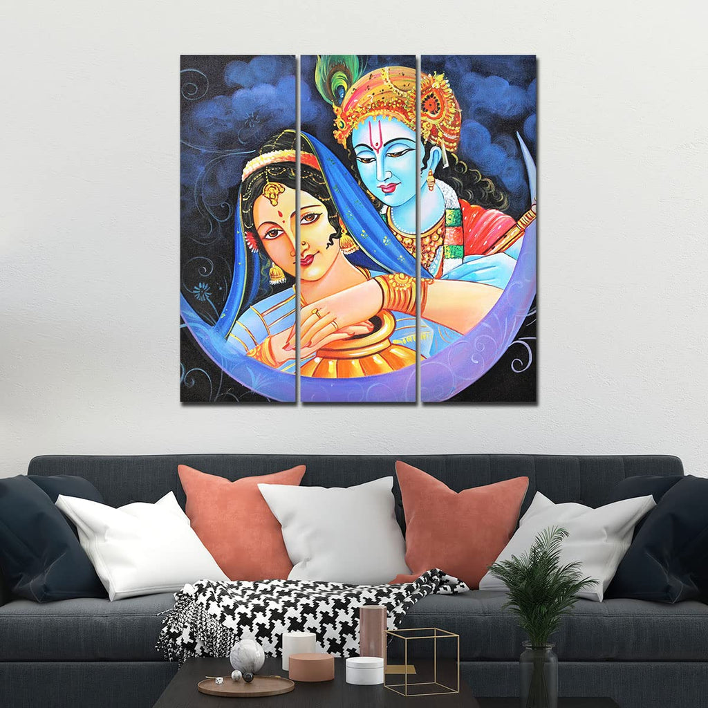 VIBECRAFTS 3 Pieces Radha Krishna Canvas Wall Painting Fitted With Wooden Frame For Home | Office | Living Room | Gifts (PTVC3Pcs1_9546)