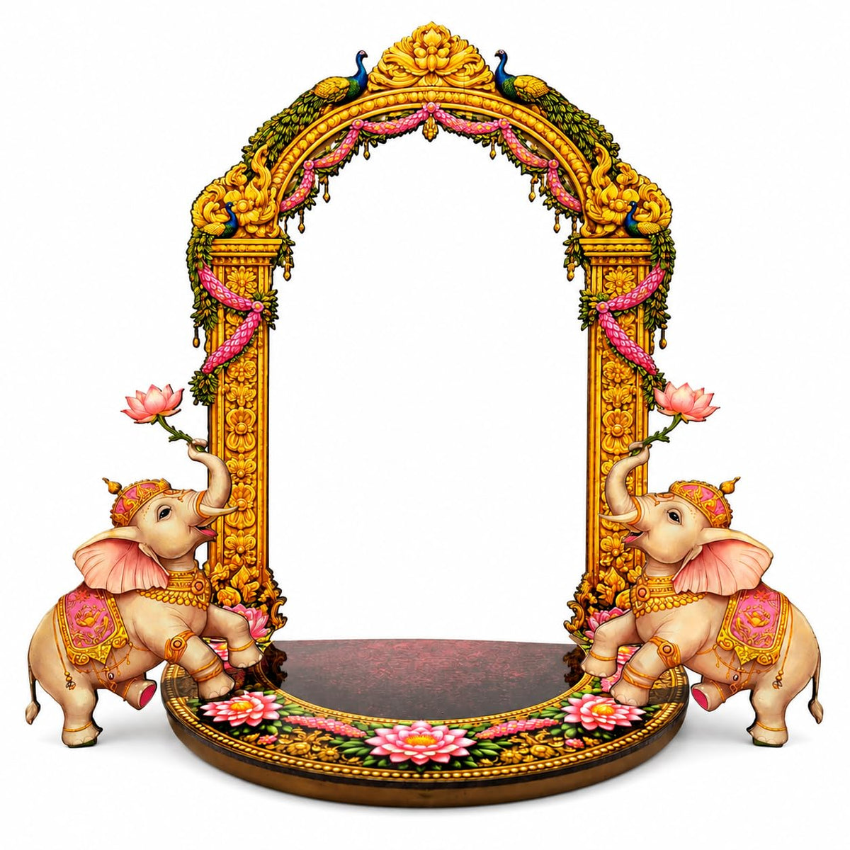 Pink n Purple Ganpati Singhasan MDF Throne, Gold and Pink, Traditional Indian Style, Twin Elephant and Peacock Arch, Lotus Base, Ganesh Chaturthi Mandap Decor