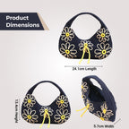 Boho Girl Indigo Blossom Tote Bag – Navy Blue Floral Handbag for Women with Embroidered Flowers, Padded Handle & Ribbon Detail – Chic Shoulder Bag for Travel, Brunch (Black & White)