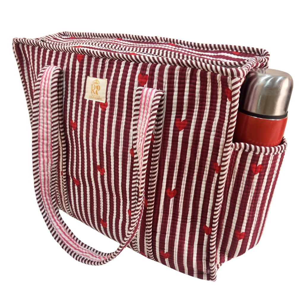 The House of RajPadmini Floral Quilted Cotton Shopping Tote Bag, 16x16 inches, Striped Trim, External Bottle Pocket (Heart Red (250 GSM Cotton))