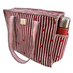 The House of RajPadmini Floral Quilted Cotton Shopping Tote Bag, 16x16 inches, Striped Trim, External Bottle Pocket (Heart Red (250 GSM Cotton))
