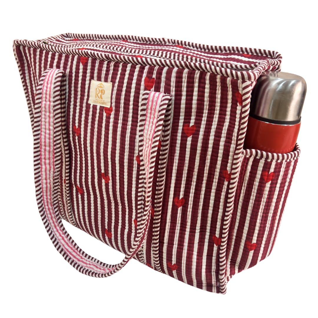 The House of RajPadmini Floral Quilted Cotton Shopping Tote Bag, 16x16 inches, Striped Trim, External Bottle Pocket (Heart Red (250 GSM Cotton))