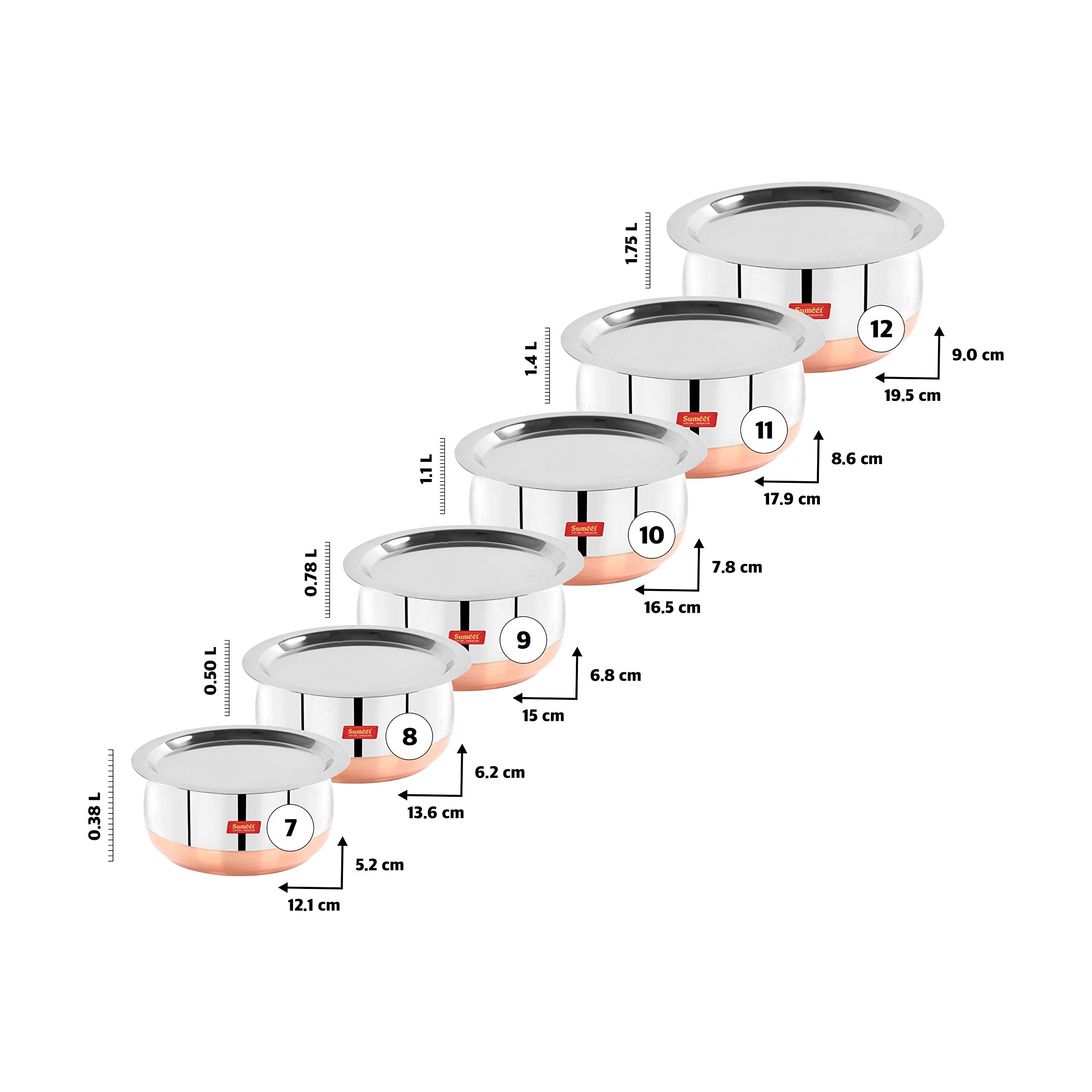 Sumeet Stainless Steel Copper Bottom Belly Shape 6 Pc Tope/Cookware/Pot Set with Lid 380ML, 500ML, 780ML, 1.1Ltr, 1.4Ltr, 1.75Ltr (Silver)