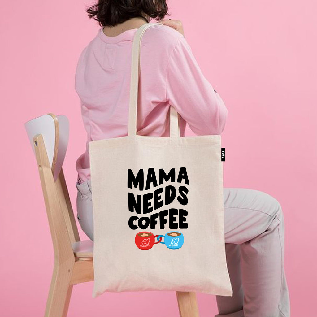 VVWV Mama Needs Coffee Funny Printed Reusable Tote Bags | 100% Organic Cotton Shopping/Grocery Bag | Multi-Purpose Bag | Sturdy Canvas Bag with 15kgs Capacity (13 x 15.7 Inch)
