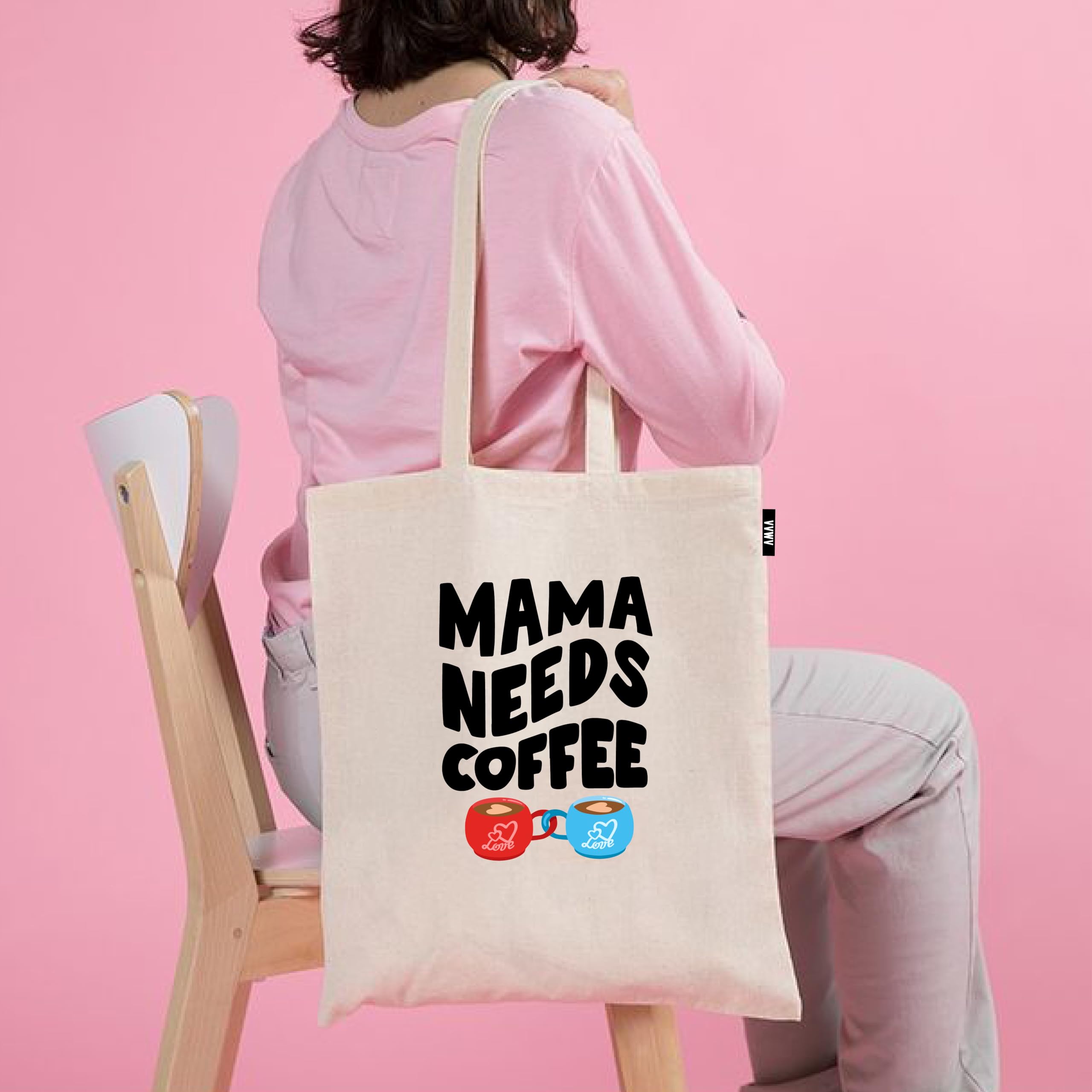 VVWV Mama Needs Coffee Funny Printed Reusable Tote Bags | 100% Organic Cotton Shopping/Grocery Bag | Multi-Purpose Bag | Sturdy Canvas Bag with 15kgs Capacity (13 x 15.7 Inch)