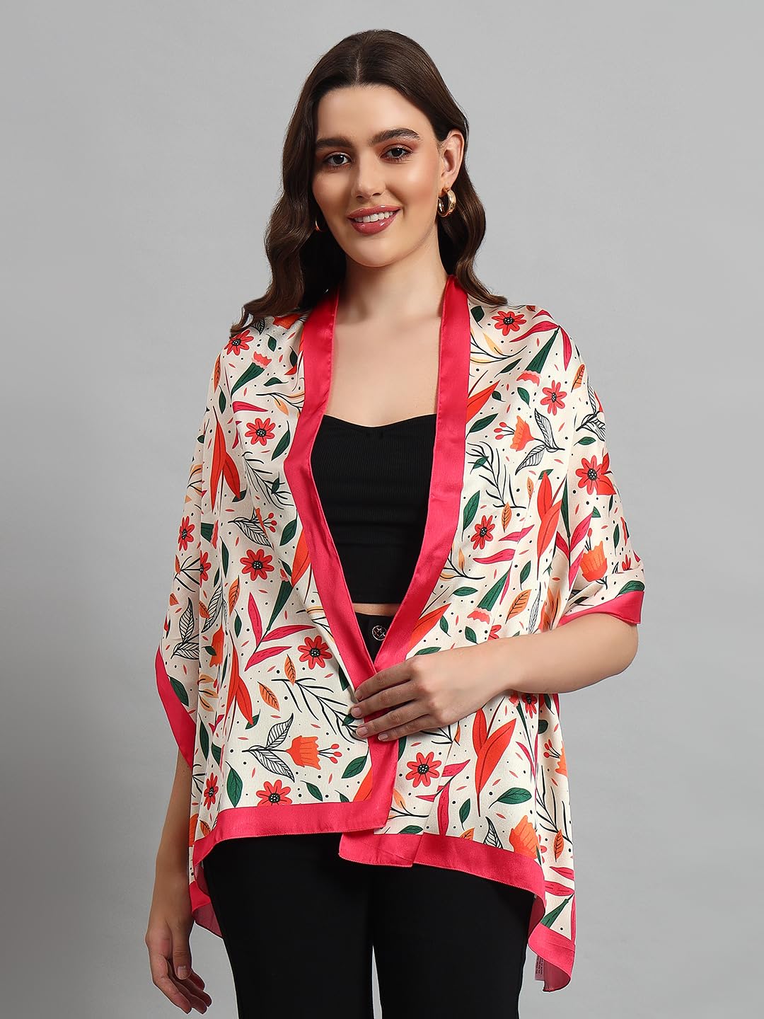 Ravaiyaa - Attitude is everything Women Lightweight Printed 100% Satin Silk Scarf Stoles Breathable Neckerchief Head Beach Wrap Scarves (Beige Pink Floral, 70 x 20 Inch)