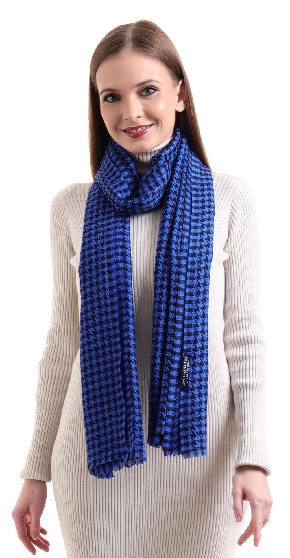 EH 100% Pure Cashmere scarf, stole Houndstooth, warm large buttery soft Pashmina (COBALT BLUE & BLACK)