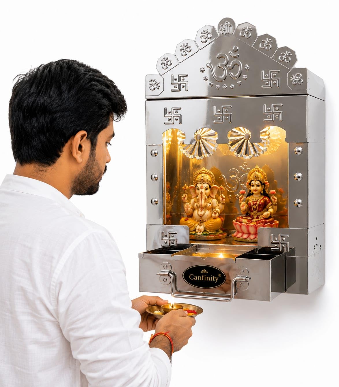 canfinity™ Premium Stainless Steel Pooja Mandir for Home with LED Light | Wall Mounted Home Temple | Hindu Puja Ghar Mandir for Home & Office | Compact Modern Design | 35 x 19 x 11 cm | Made in India