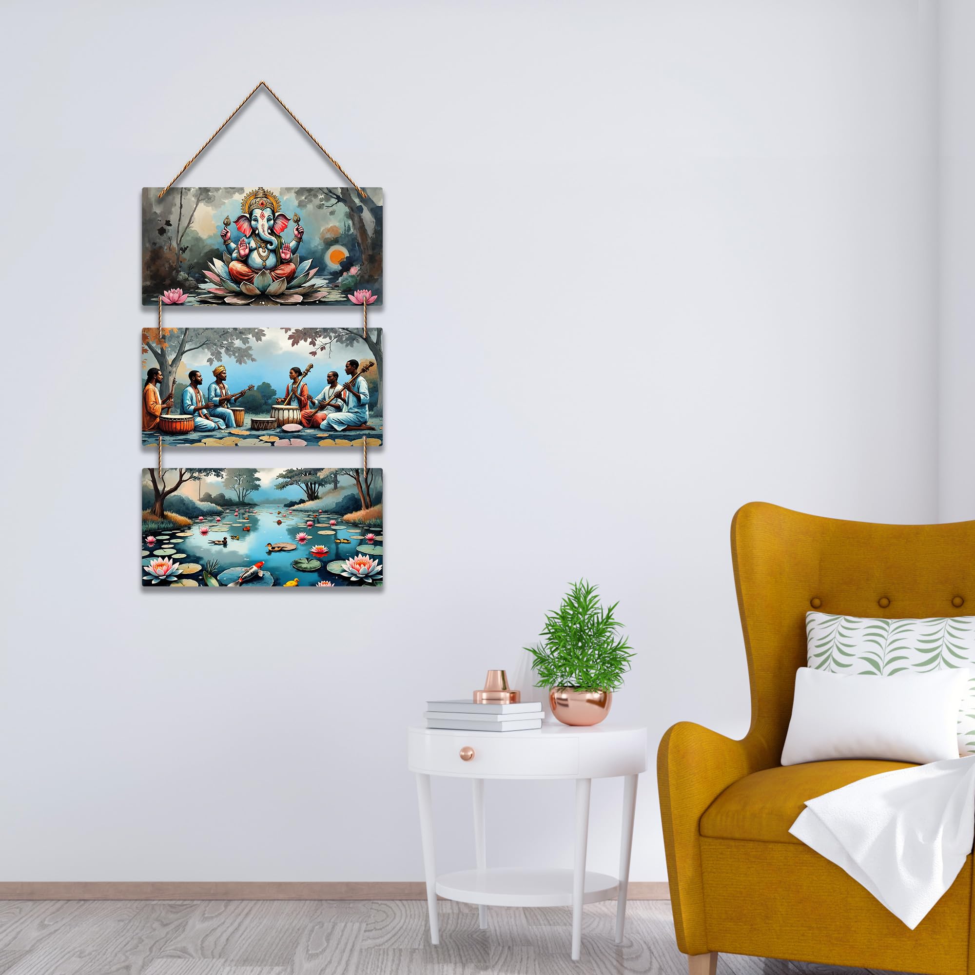 Artvibes Lord Ganesha Sitting On Sacred Lotus Auspicious Wooden Art Work Wall Hanging | Spiritual Decor Items | Vastu Paintings | Wall Poster| Stylish Modern Decor Item | Ideal Gifts (WH_9416N)