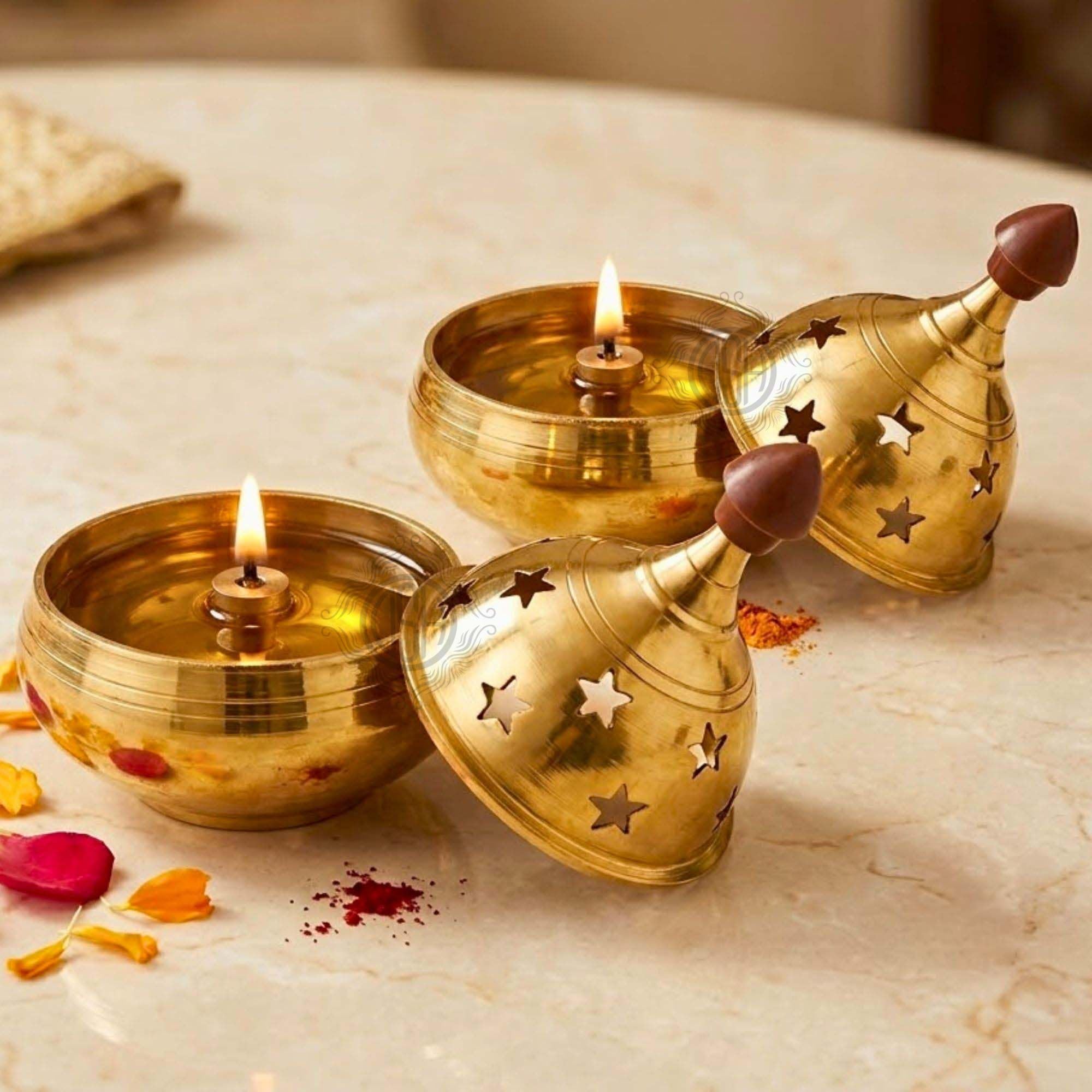 Brass Diya Pure Brass Traditional Oil Puja Lamp for Temple, Mandir, Festival Decoration, Home Decor & Diwali Gift (Star Dome, Set of 2)