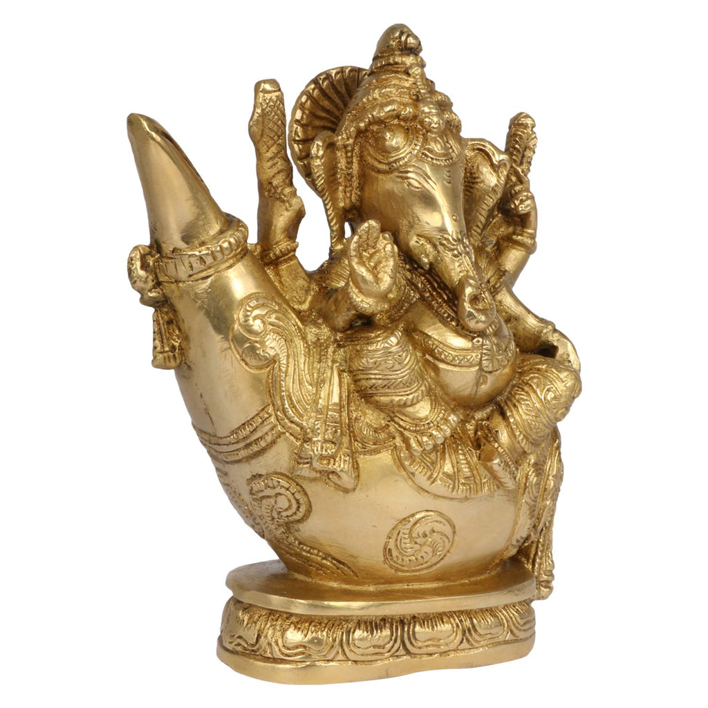 Artvarko Brass Lord Ganesha Sitting on Conch Idol Murti for Temple Home Decor Entrance Statue Gift Height 7 Inch