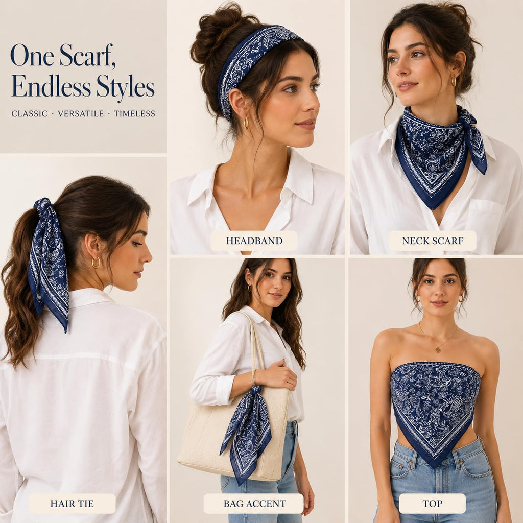 ESTA Satin silk-feel Head Scarf for Women Stylish Bandanas for Women Head Neck Stole Wrap Navy Paisley Print Square Bandana Gift (27.5x27.5inch)