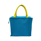 JUTEKA Multicolor Jute Bag for Shopping, Lunch, Tiffin, Grocery with Zip Closure and Padded Cotton Handles… (Blue)