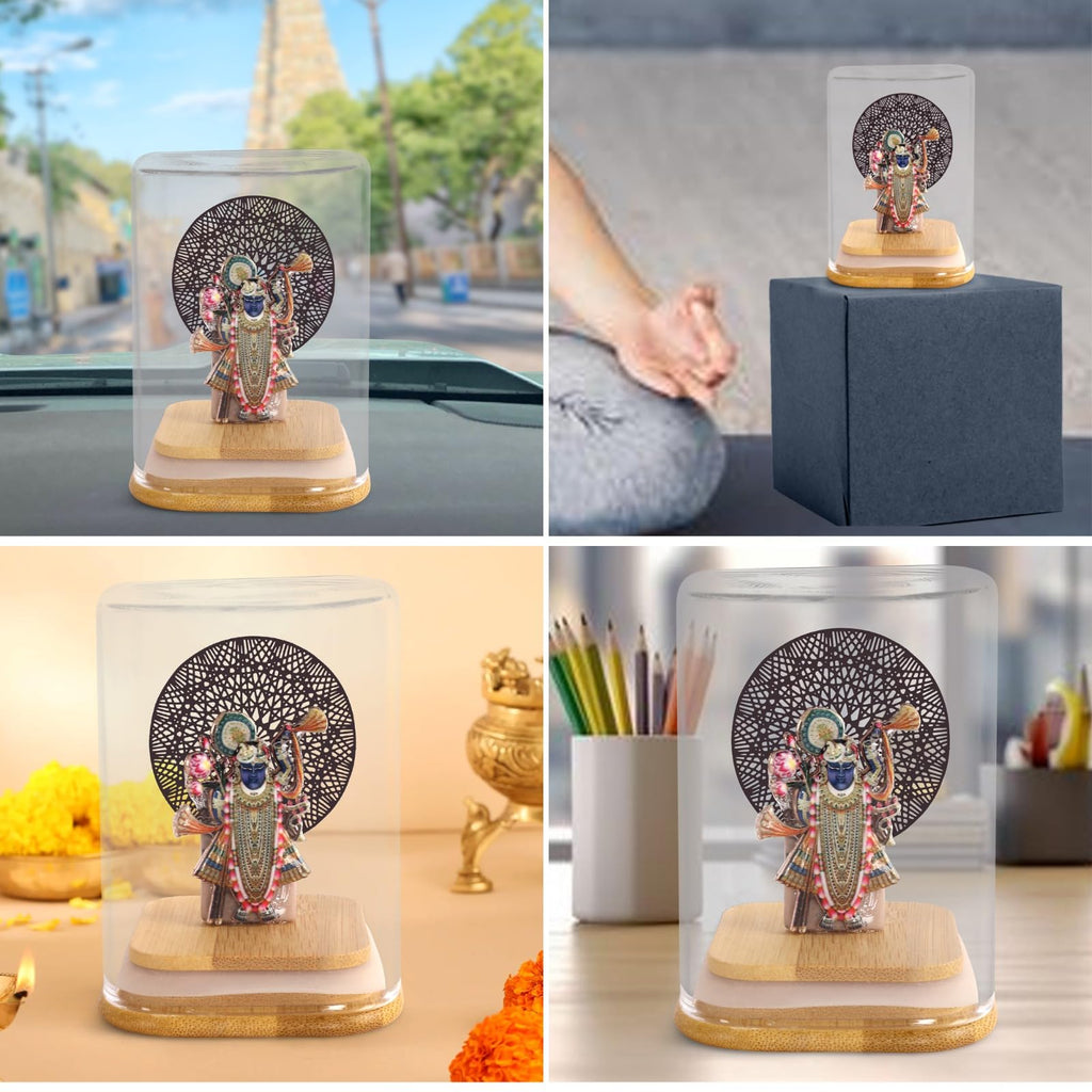 SHREENATHJI 3D Metal Figurine with Glass Dome, Wooden Base, Decorative Tree Backdrop, Religious Home Decor CAR Dashboard Office Table TOP