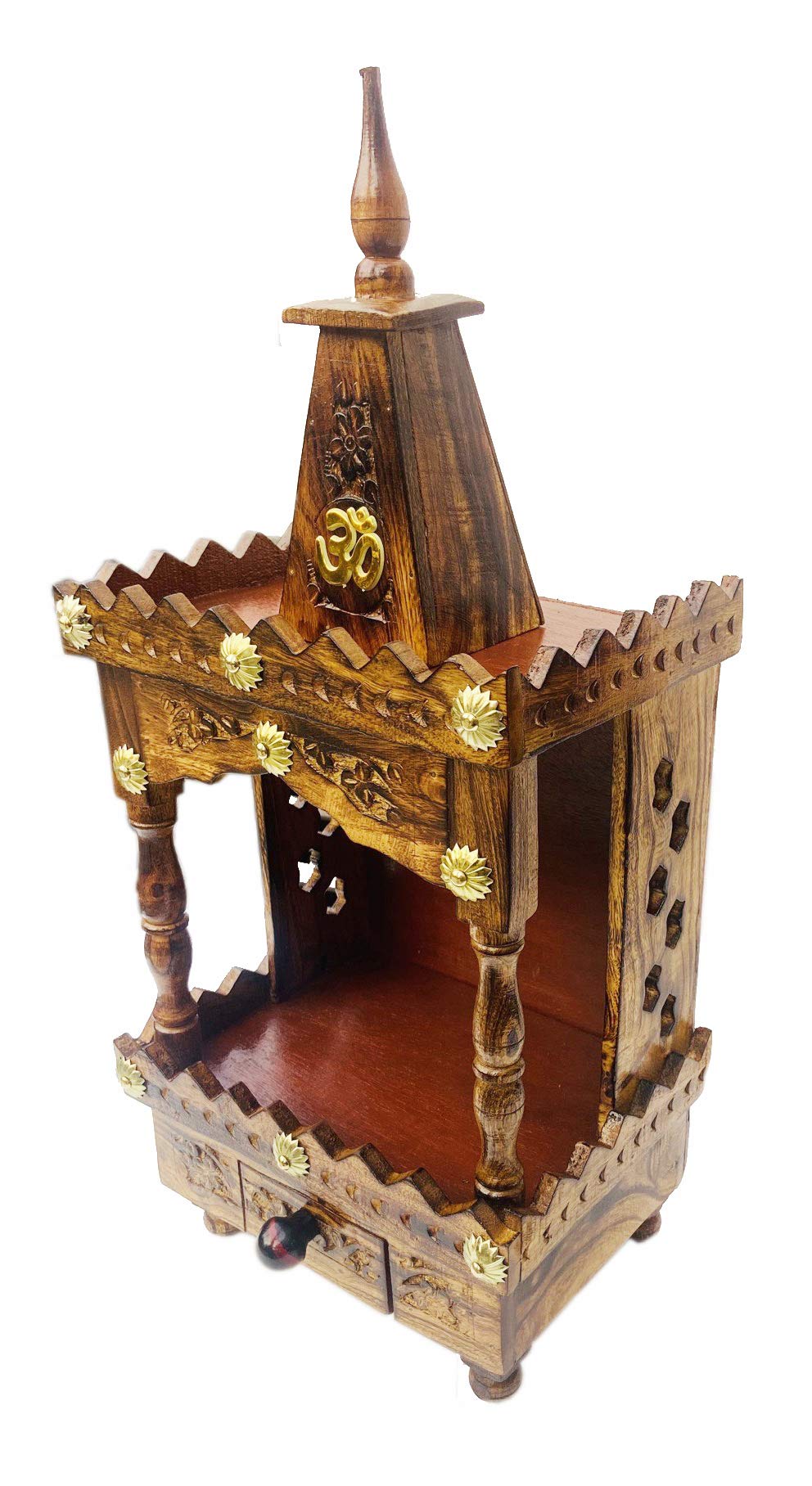 Sk Handicrafts Wooden Handmade Decor/Pooja Temple for Home and Office with Small Drawer (12 inch, Brown)