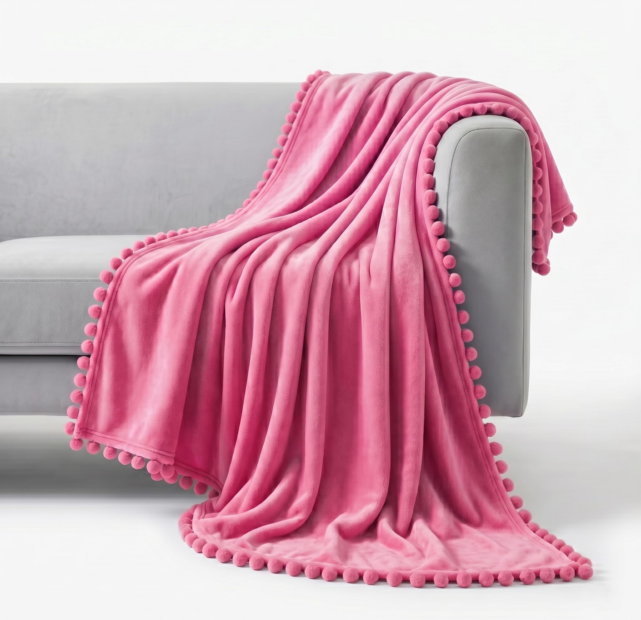 VAS COLLECTIONS Premium Plush Fleece Blanket 250 GSM | Ultra Soft Lightweight Cozy Throw with Pom-Pom Trim | Multipurpose for Bed, Sofa, Couch, Travel & Camping | 152x228 cm (90x60 Inches), Beige Kafalo