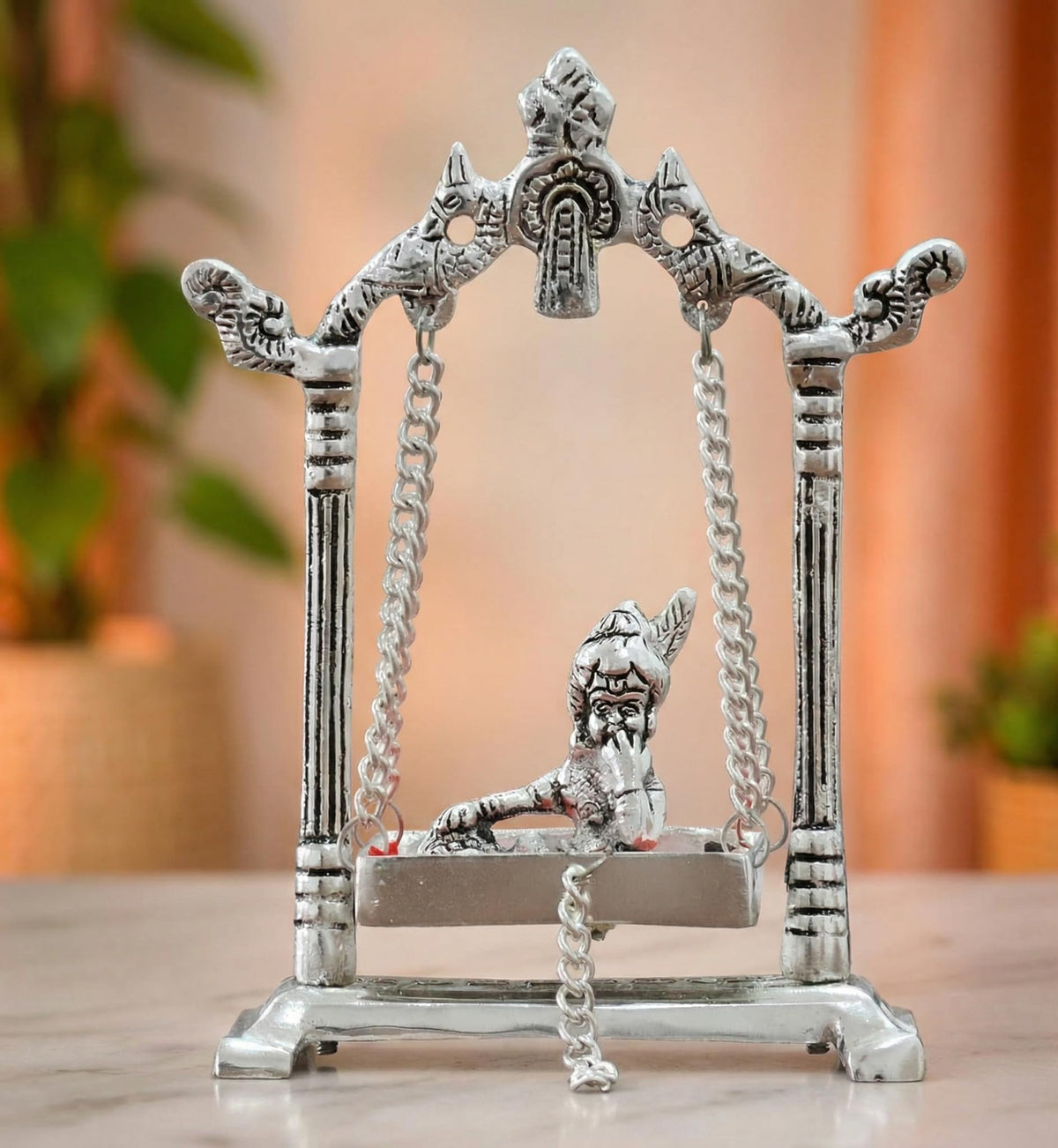 KridayKraft Laddu Gopal on Jhulla Palana Metal Statue Gold Plated Metal Krishna Murti Showpiece Religious Figurines Gift Article for Home and Office Table and Car Dashboard Decor