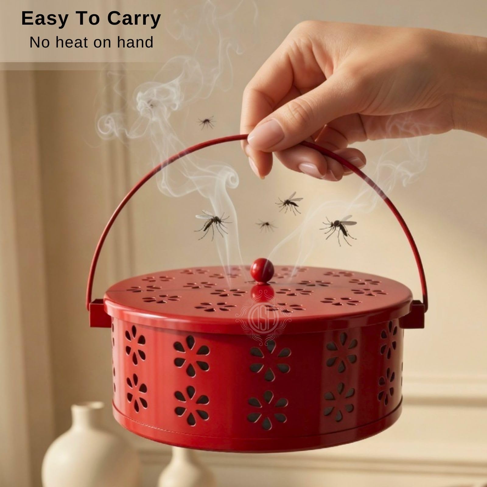 DSH Metal Mosquito Coil Holder with Lid & Handle Ash Catcher Stand for Mosquito Coil Indoor Outdoor Safe Use (Red)