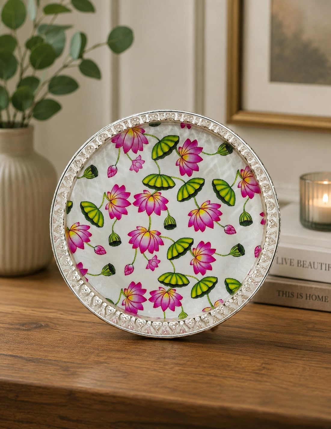 PALMARY German Silver Tray 8 Inches Flower Design for Pooja