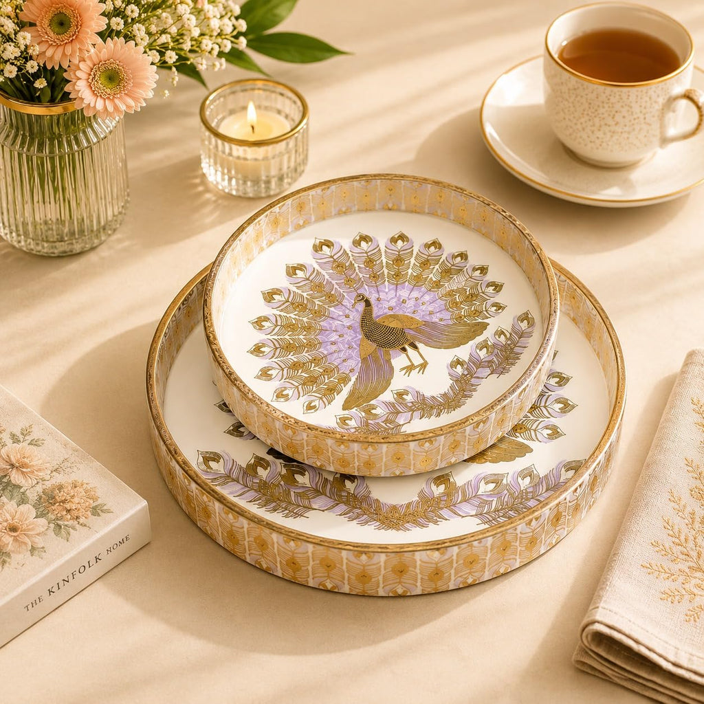 Round Decorative Serving Tray Set of 2, Peacock Design