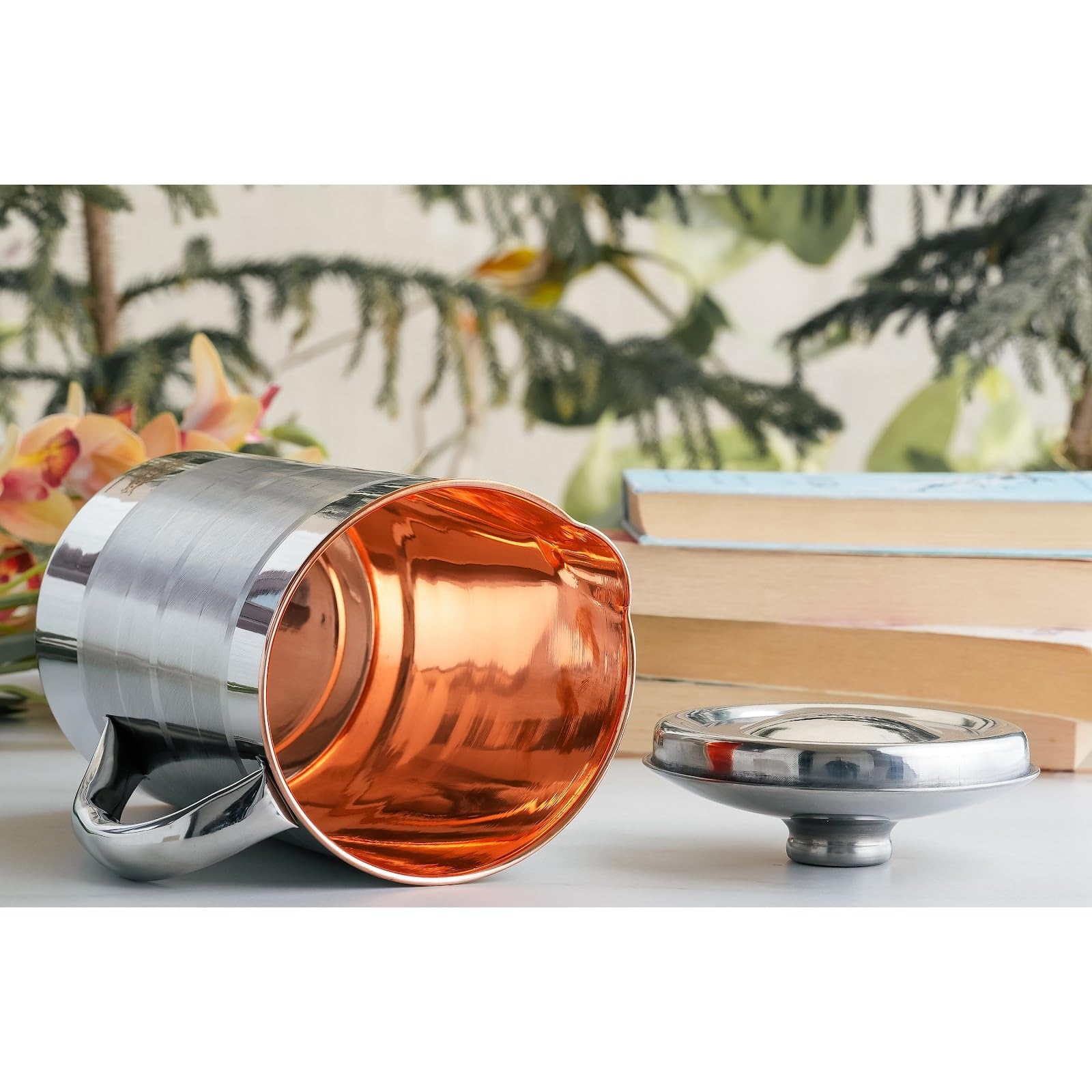 Indian Art Villa Steel Copper Luxury Design Jug Pitcher with Lid, Storage & Serving Water, Beneficial for Health, Volume-2000 ML