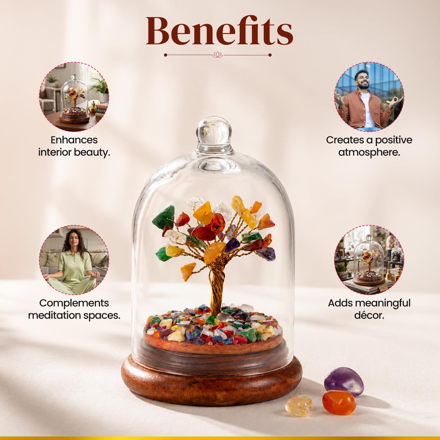 BhagyaG 7 Chakra Crystal Tree with Glass Dome & Wooden Base | 7 Chakra Gemstone Tree Showpiece for Home, Office, Meditation & Décor | Handmade Healing Crystal Gift