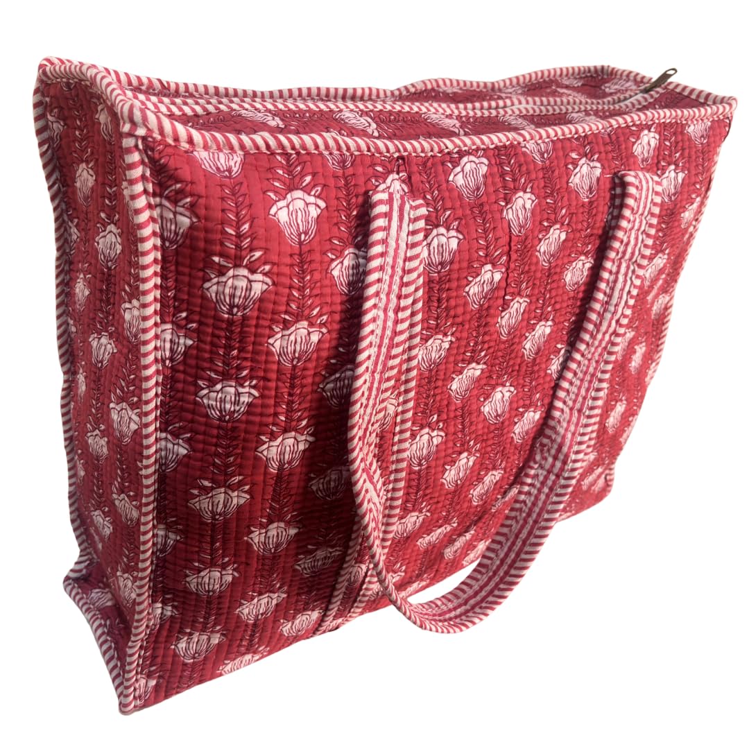 Bazaar Bhoot Edition Premium Cotton Quilted Shopping Tote Bag - Multipurpose Long Lasting Foldable Reusable Bag with zipper for Shopping, Travel & Daily Use - Made in India (Dark Pink)