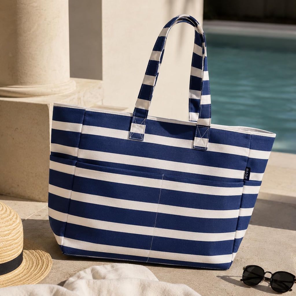 AQVA Striped Beach/Pool Cotton Western Tote Bag For Women With 4 Outer Pockets|Large Capacity|Stylish Multipurpose Handbag|Resuable Shoulder Bag For For Office, Travel, Beach & Work (Navy Blue)