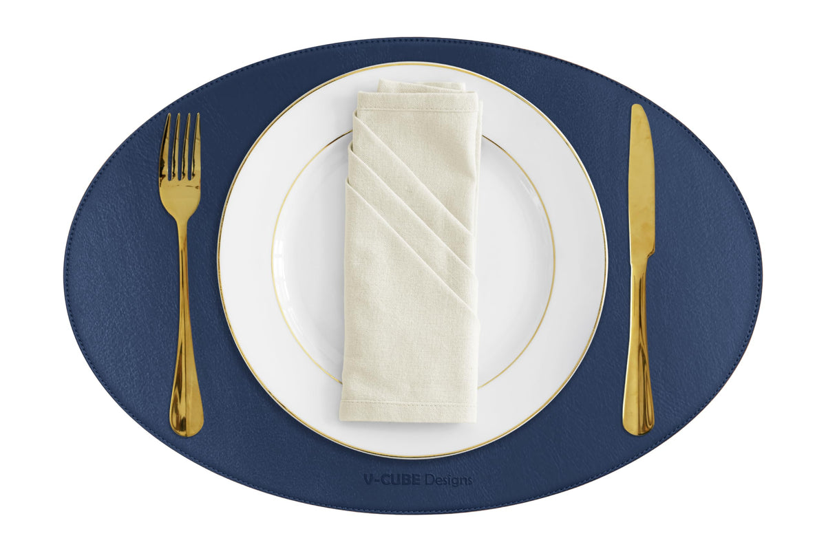 V-CUBE Designs Premium Vegan Leather Placemats Set of 6 - Waterproof - Wipe Clean - Heat Resistant - Anti Slip Dining Table Mat, Suitable for Kitchen Table, Indoor & Outdoor Use - Navy Blue Kafalo