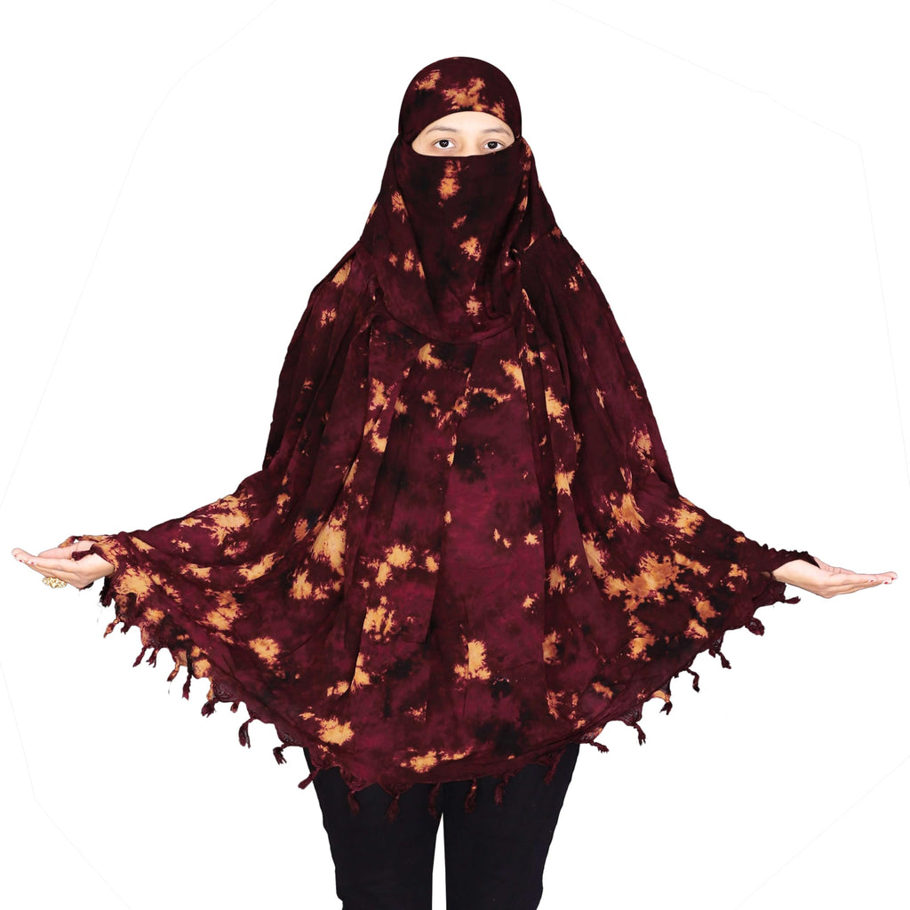 Tie-Dye Niqab Scarf with Face Cover, Navy Blue and Orange Pattern, Traditional Summer,Use for woman's (MAROON, STANDARD)