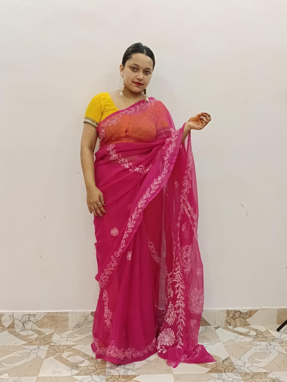 The Sufistore Designer Georgette Saree with White Chikankari Floral Work and Bell Sleeve Blouse | Elegant Traditional Saree for Women | Party, Wedding & Cultural Occasions (Pink)